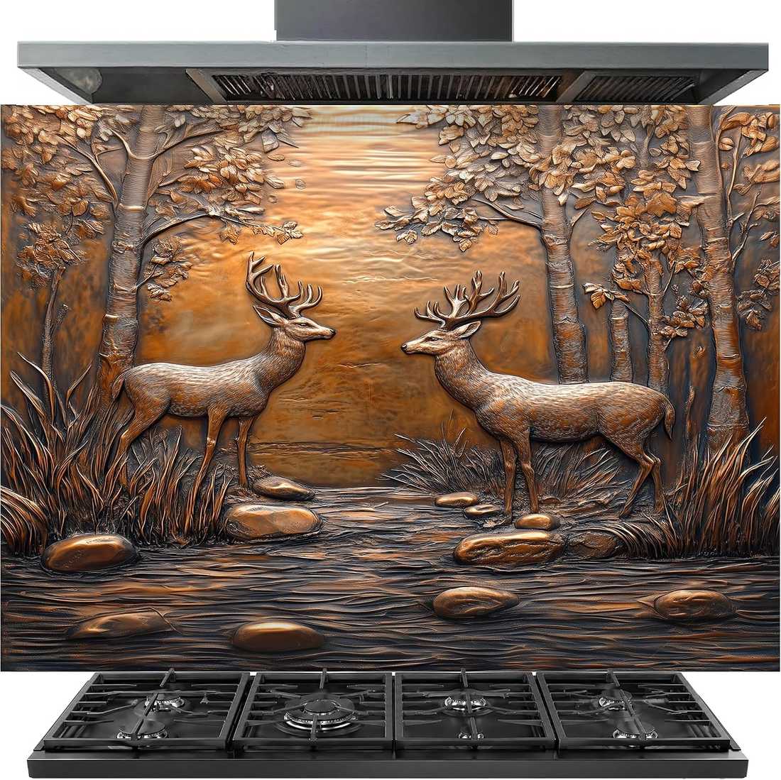 A stainless steel gas range hood with a decorative backplate featuring a 3D-style relief design of two deer in a forest by a river, shown above a black gas stove.