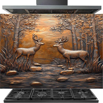 A stainless steel gas range hood with a decorative backplate featuring a 3D-style relief design of two deer in a forest by a river, shown above a black gas stove.