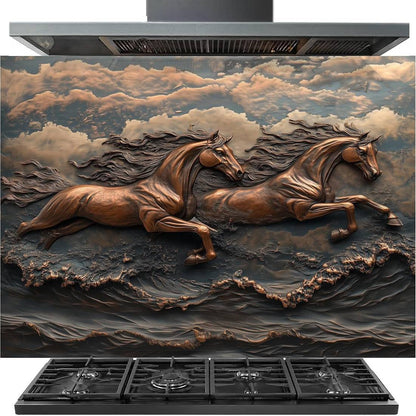A large stainless steel range hood with a decorative backsplash featuring two bronze-colored horses running through dramatic clouds and waves, above a black gas cooktop.
