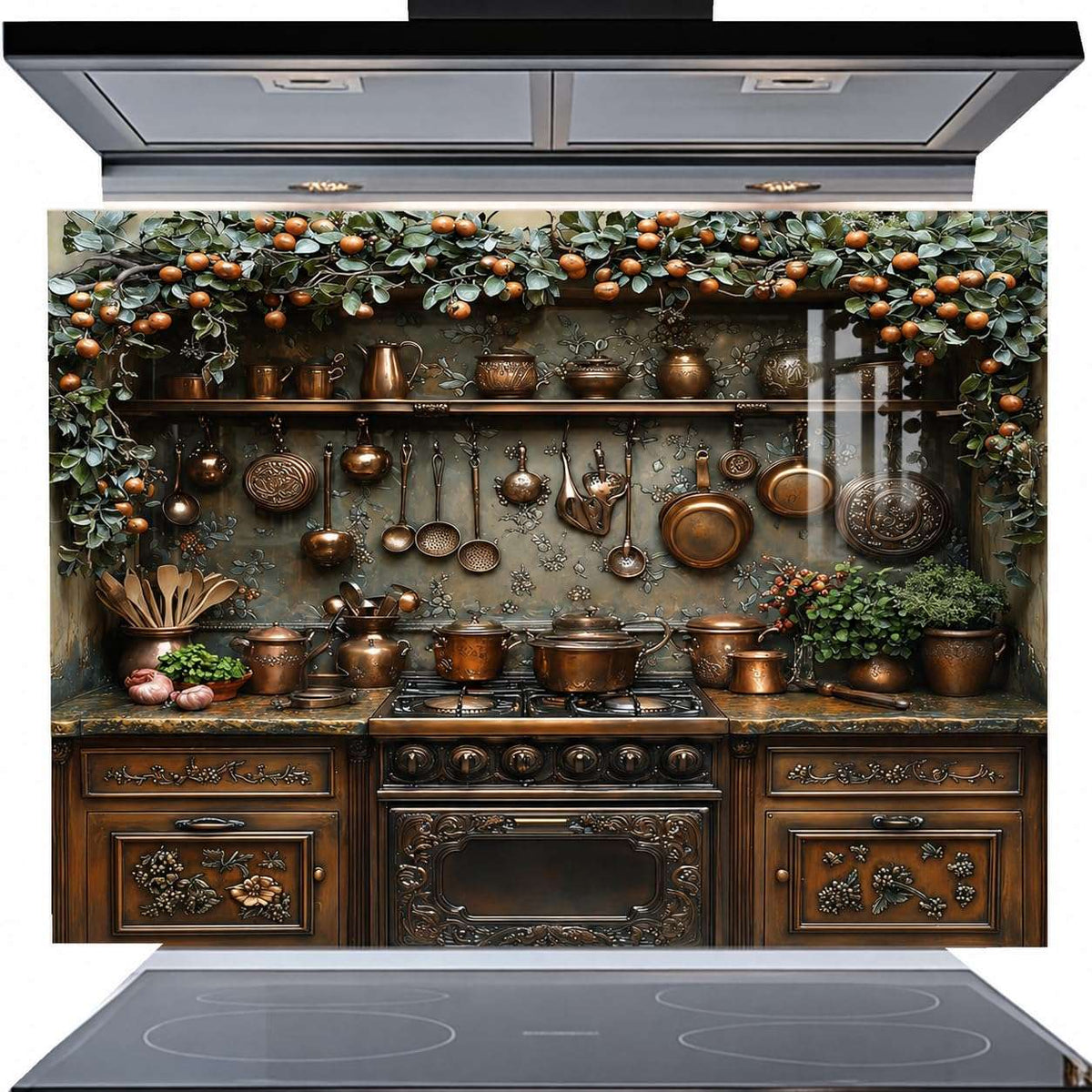 A decorative kitchen scene with ornate copper and dark wood cookware, hanging pots and pans, fruit garlands, and a stove area, shown as a large printed backdrop or wall mural above a modern black induction cooktop. No person or animal is present.