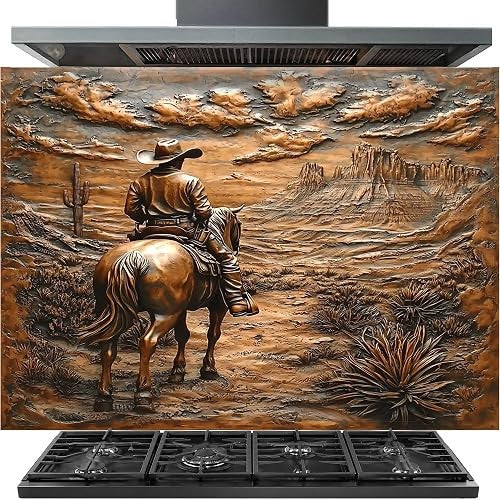 A stainless steel gas range hood with a large decorative backsplash featuring a detailed 3D-style desert landscape and a cowboy on a horse, installed above a black gas stove.