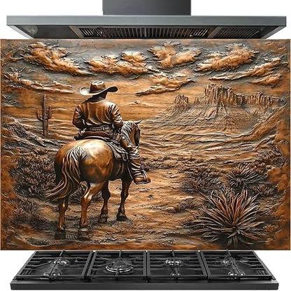 A stainless steel gas range hood with a large decorative backsplash featuring a detailed 3D-style desert landscape and a cowboy on a horse, installed above a black gas stove.