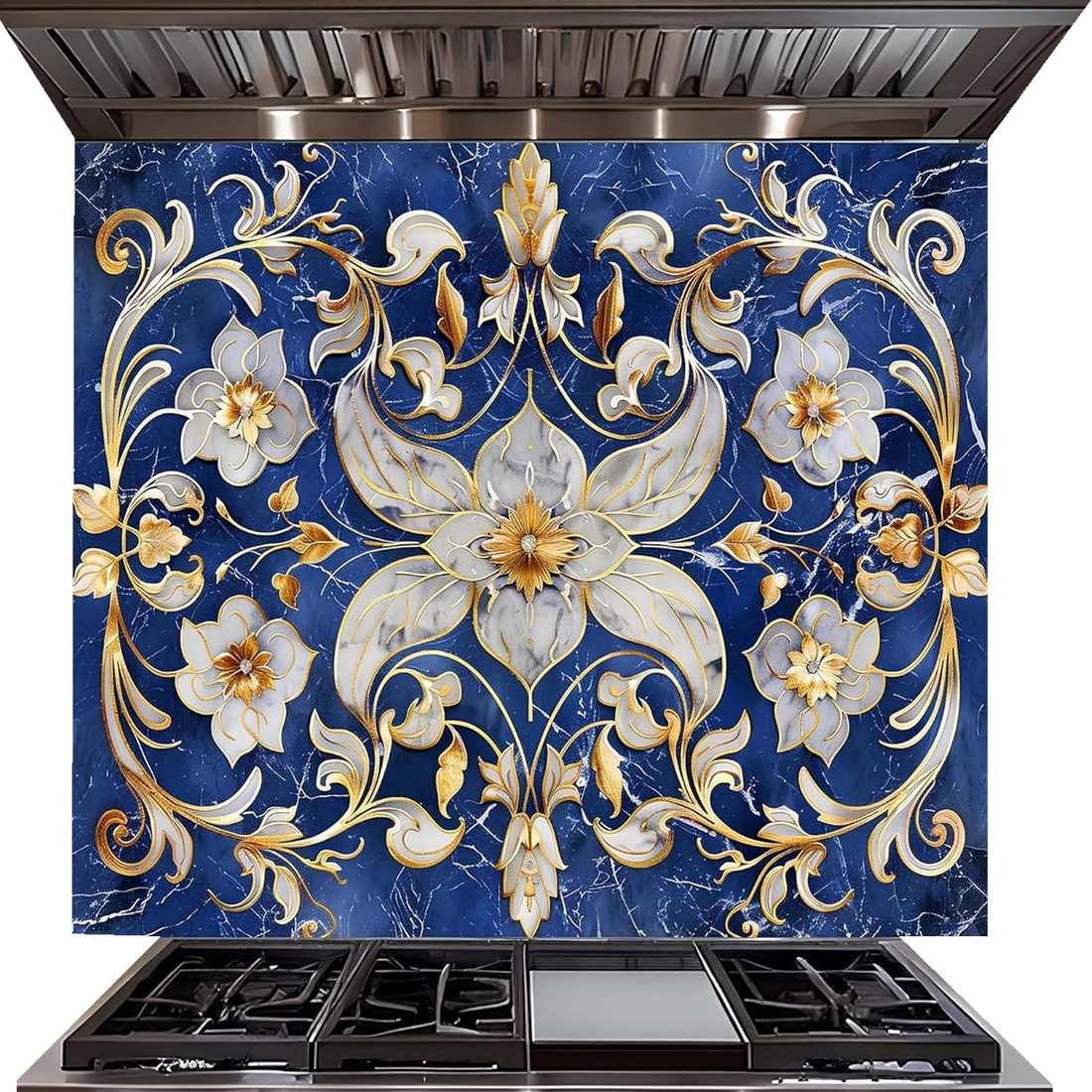 A decorative kitchen backsplash tile featuring an ornate floral and scroll pattern in blue, white, and gold, shown installed above a gas range with burners and a cooktop.