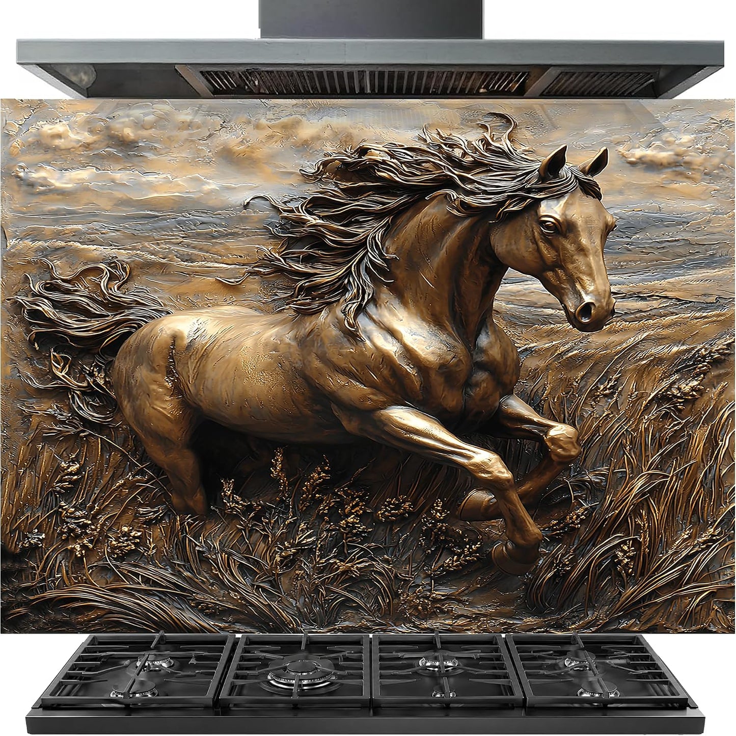 Decorative backsplash with a running horse design above a stove