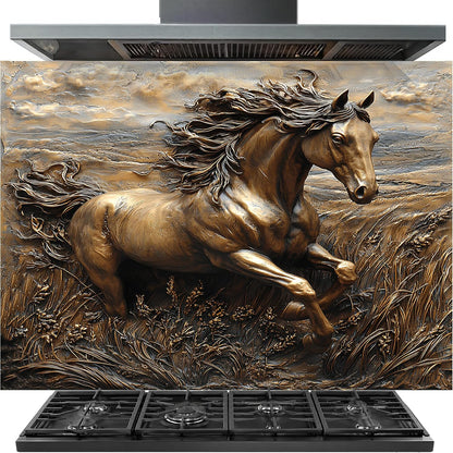 Decorative backsplash with a running horse design above a stove