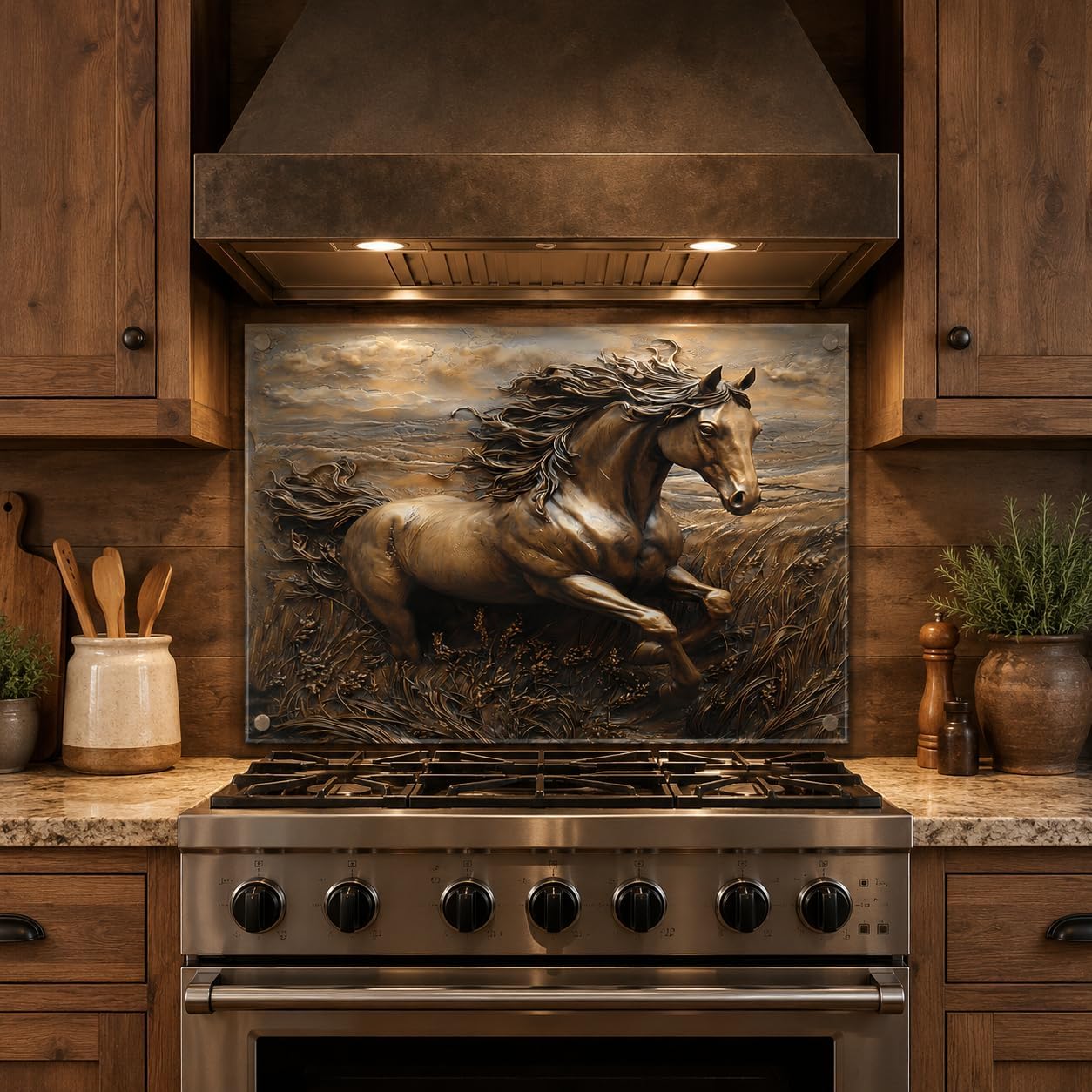 Kitchen with a decorative horse mural above a stove