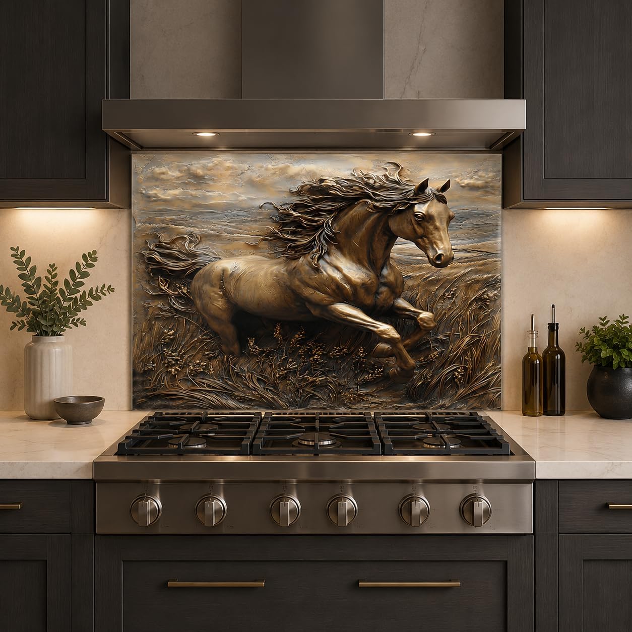Kitchen with a decorative backsplash featuring two horses running, above a stove.