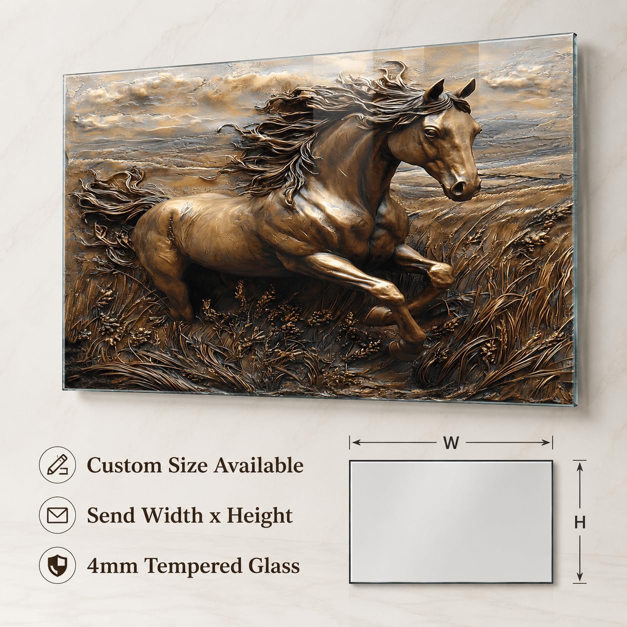 Bronze horse sculpture on a glass panel with customizable size information.