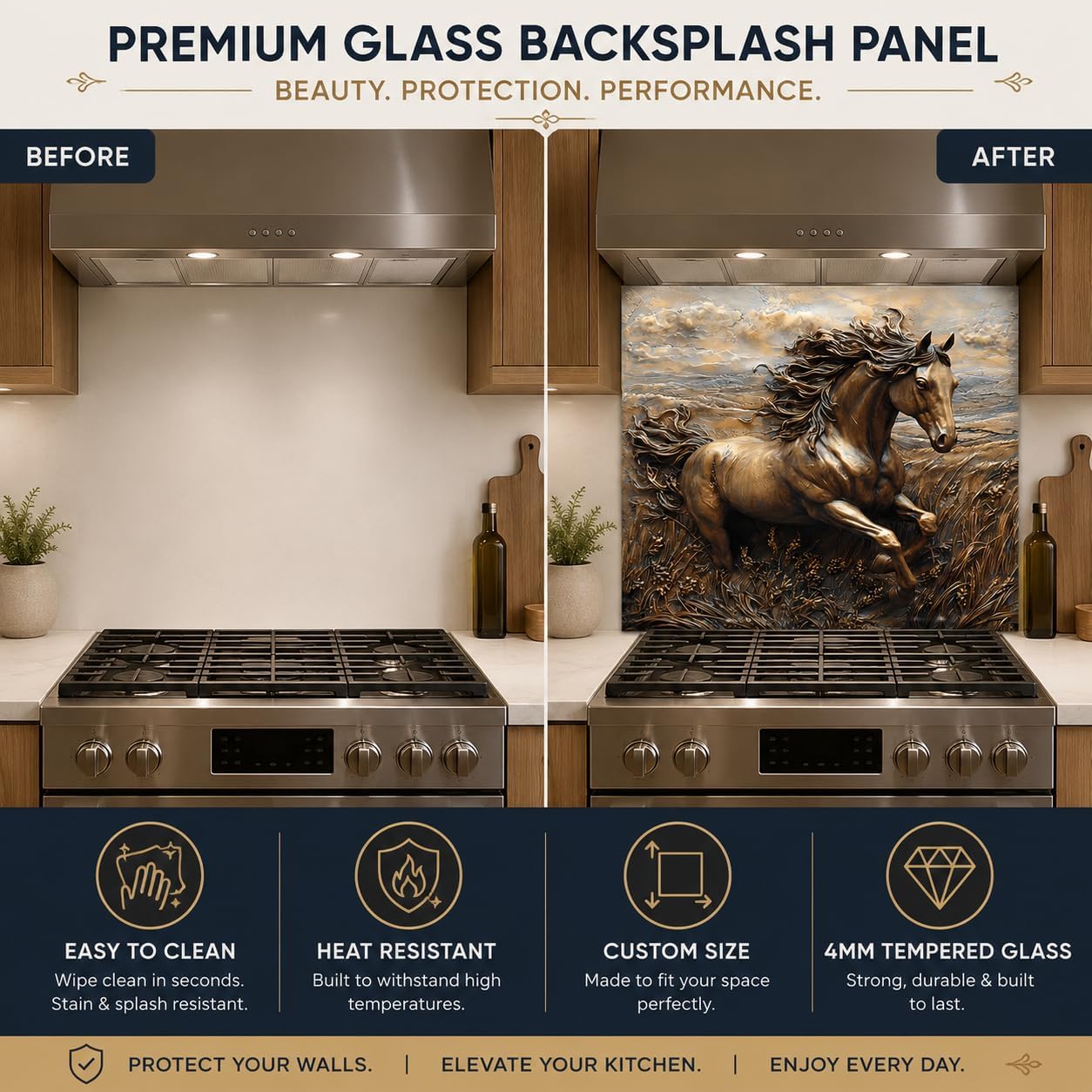 Before and after comparison of a kitchen with a glass backsplash panel featuring a horse design.