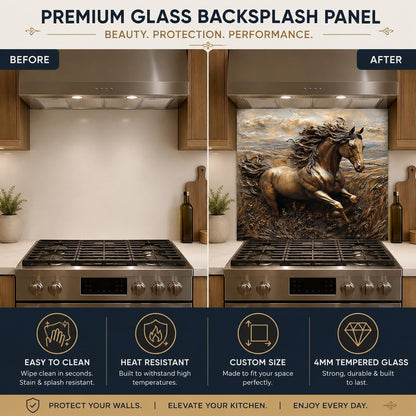 Before and after comparison of a kitchen with a glass backsplash panel featuring a horse design.