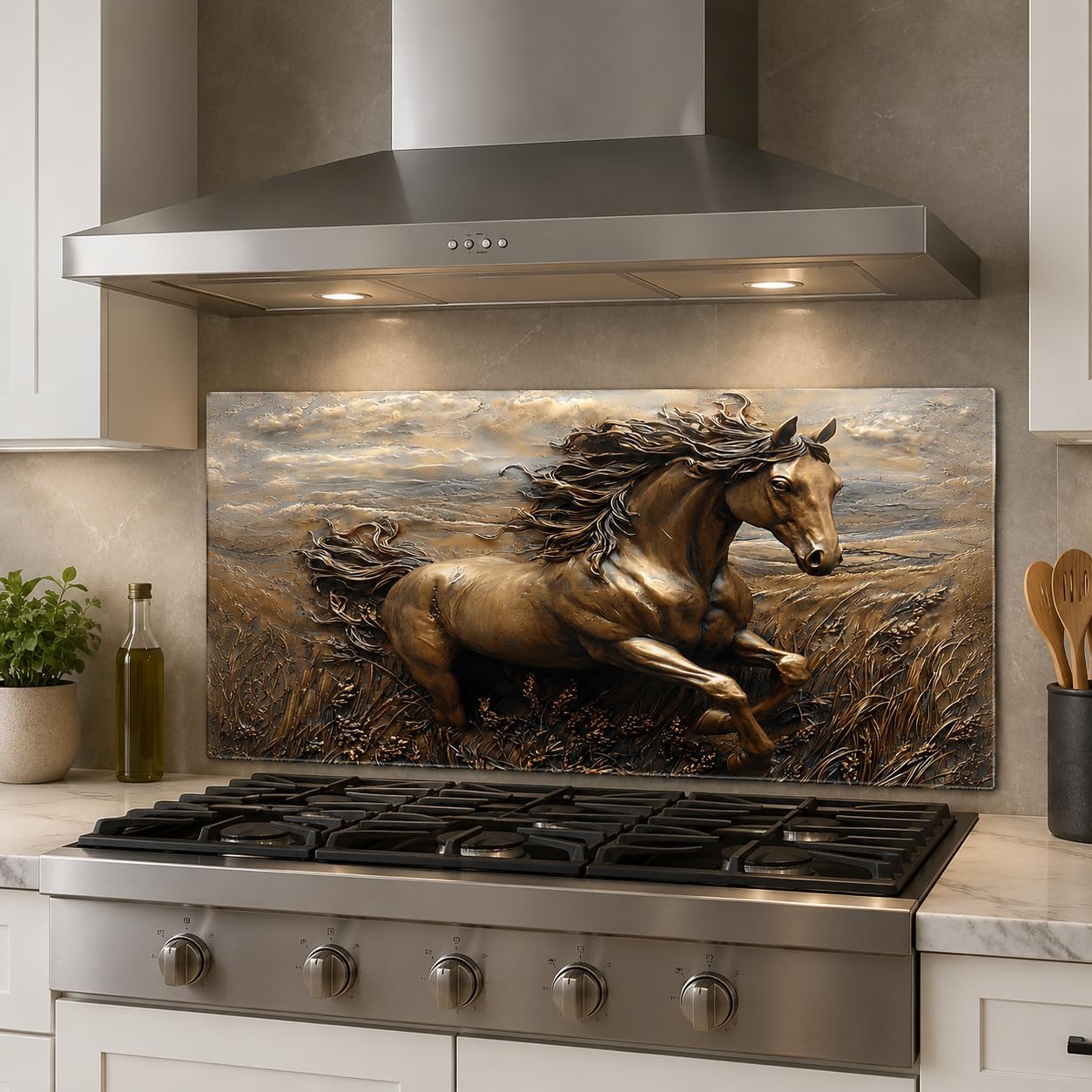 Stainless steel range hood above a stove with a decorative horse painting on the wall.