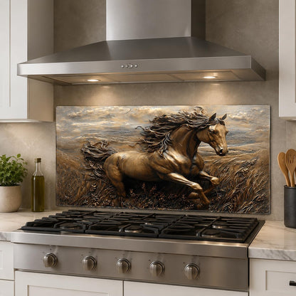 Stainless steel range hood above a stove with a decorative horse painting on the wall.