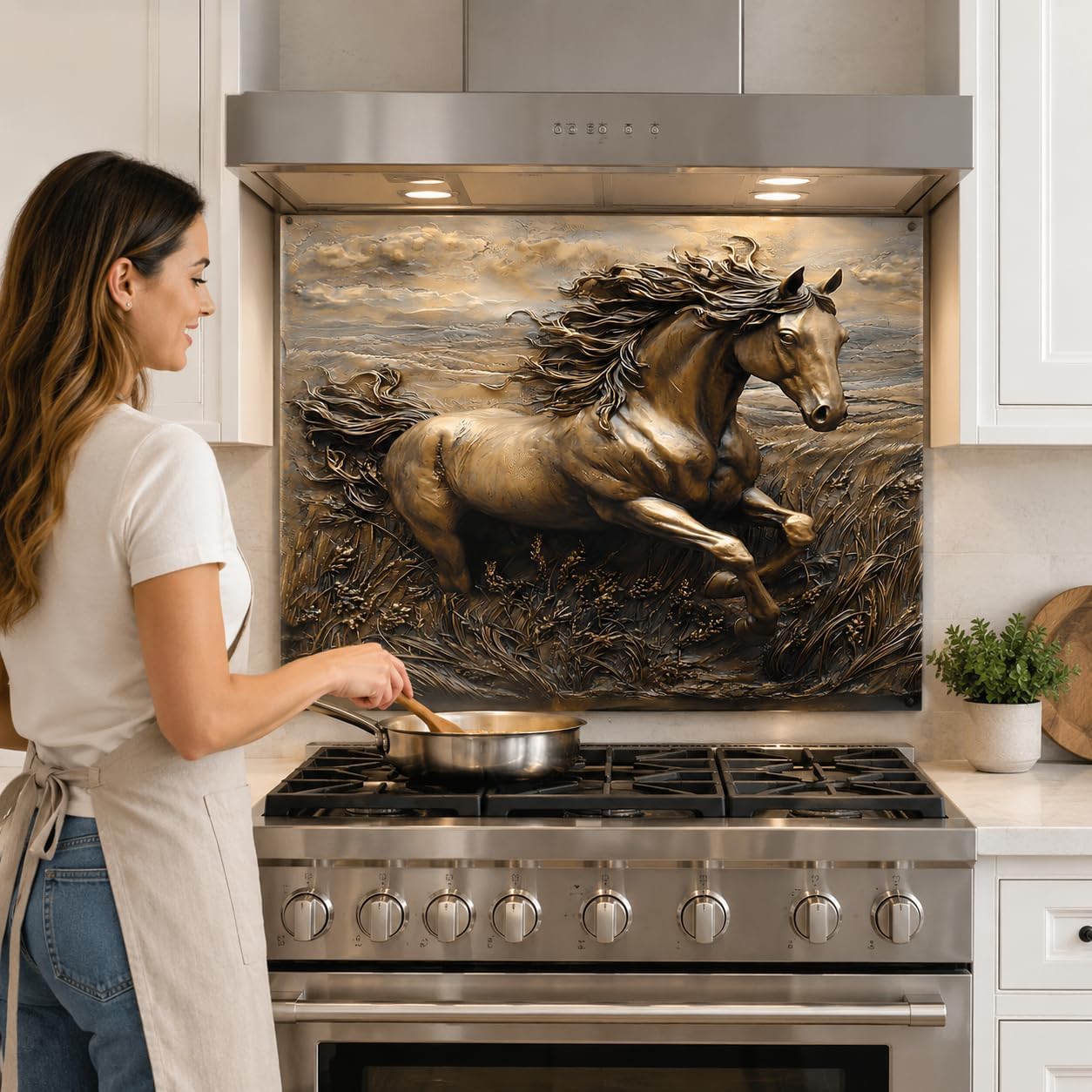 Woman cooking in a kitchen with a decorative horse mural above the stove.