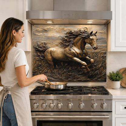 Woman cooking in a kitchen with a decorative horse mural above the stove.
