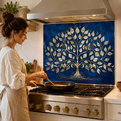 Woman cooking in a kitchen with a decorative tree backsplash.