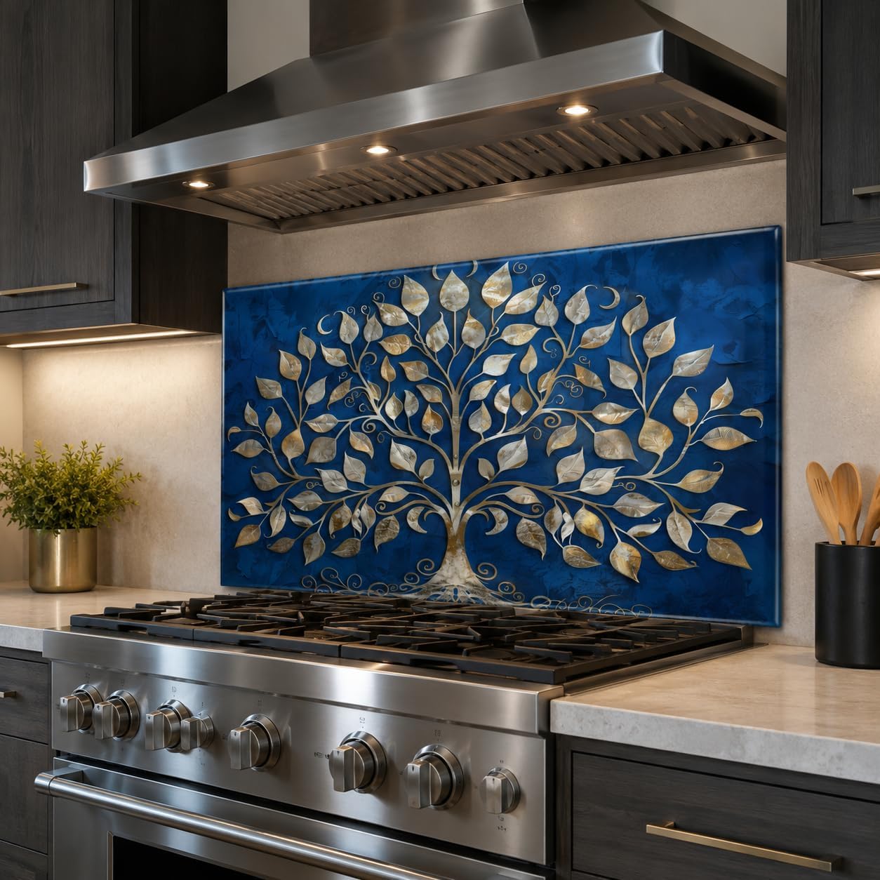 Stainless steel stove with decorative blue and gold tree backsplash in a kitchen setting.