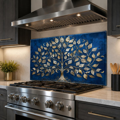 Stainless steel stove with decorative blue and gold tree backsplash in a kitchen setting.