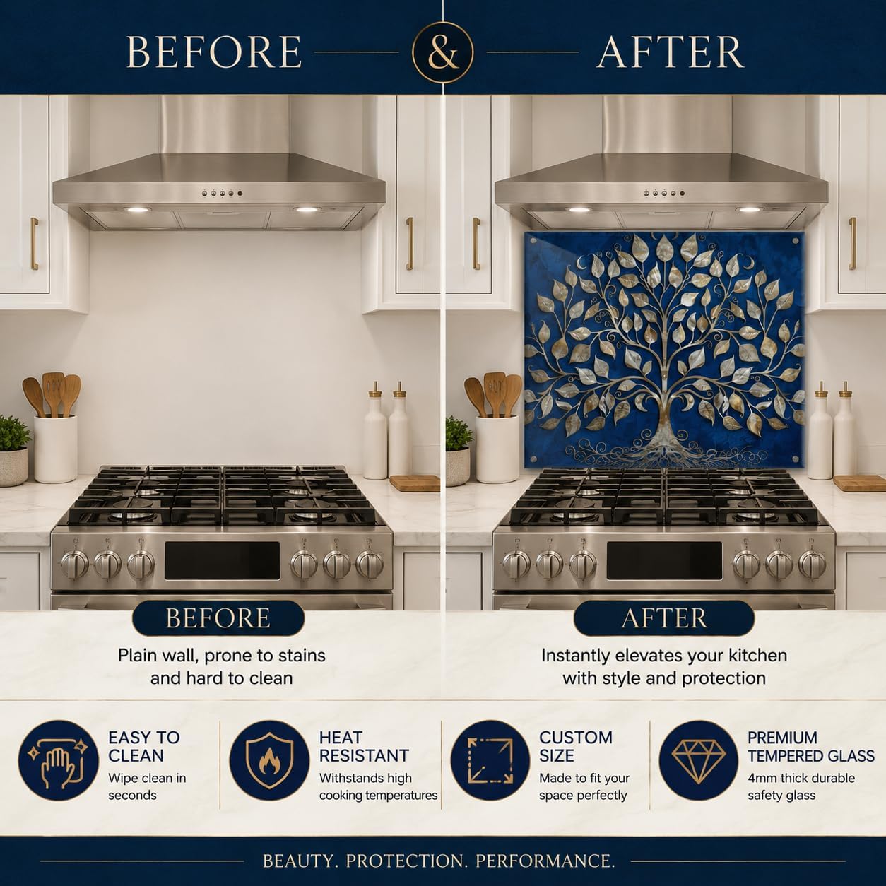 Before and after comparison of a kitchen with a decorative glass splashback.