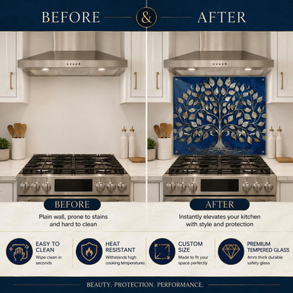 Before and after comparison of a kitchen with a decorative glass splashback.