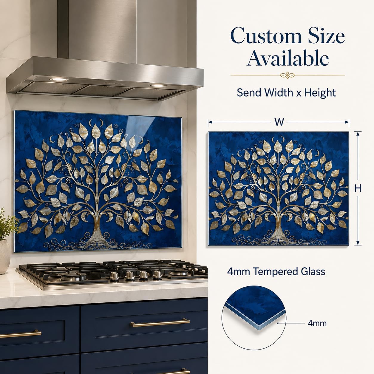 Kitchen with decorative glass splashback featuring a tree design, with measurements and tempered glass details.