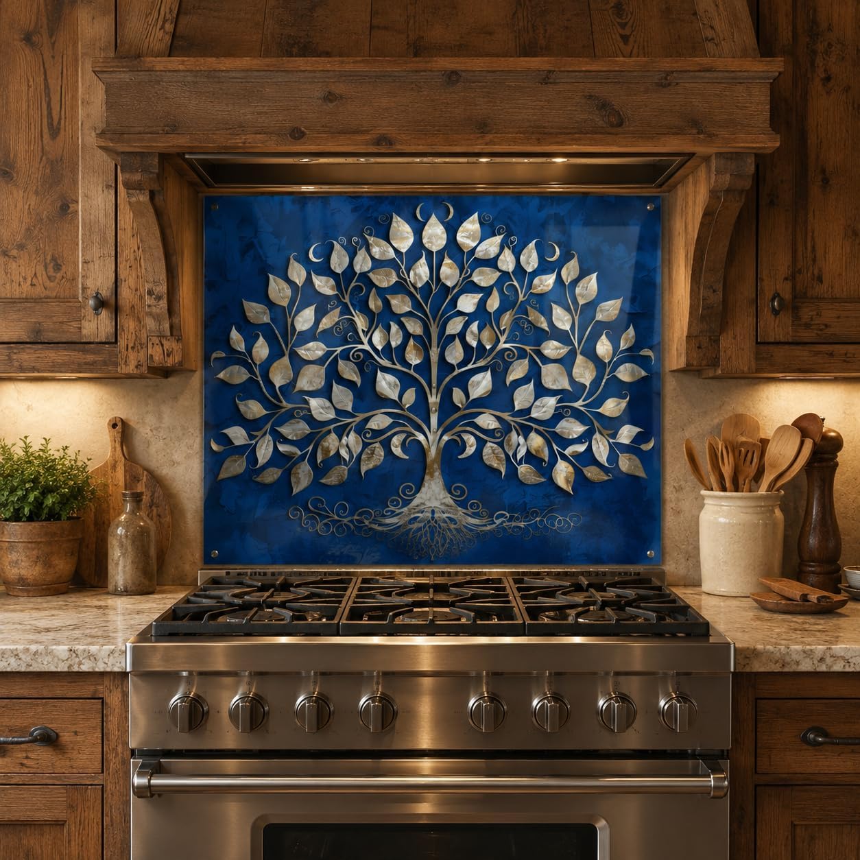Stainless steel stove with decorative glass panel featuring a tree design in a rustic kitchen.