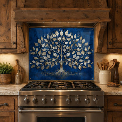 Stainless steel stove with decorative glass panel featuring a tree design in a rustic kitchen.