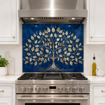 Stainless steel oven with decorative glass panel featuring a tree design on a blue background.