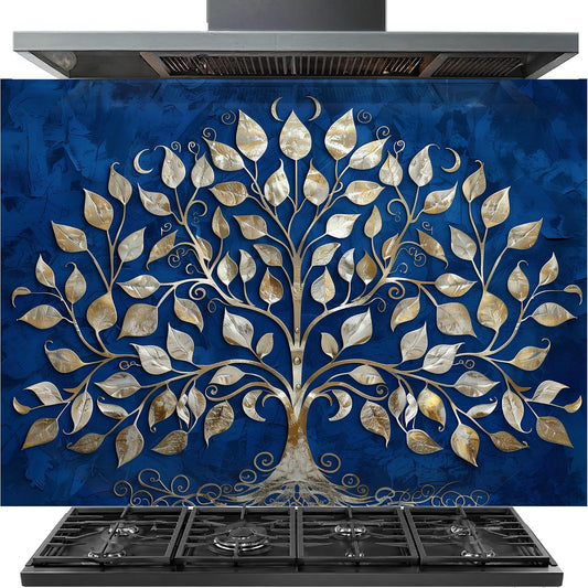 Decorative kitchen backsplash with a tree design on a blue background
