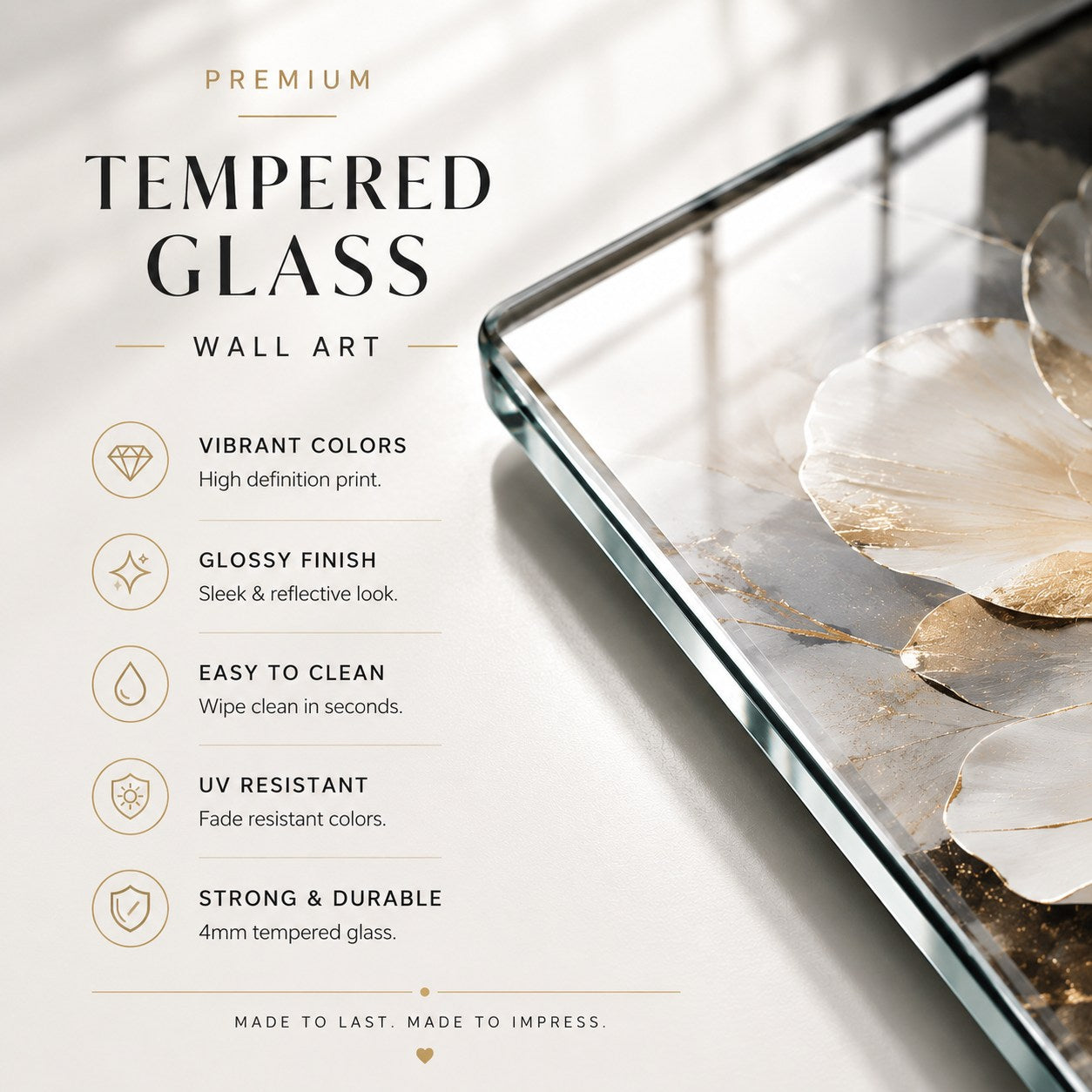 Tempered glass wall art with decorative elements on a light background
