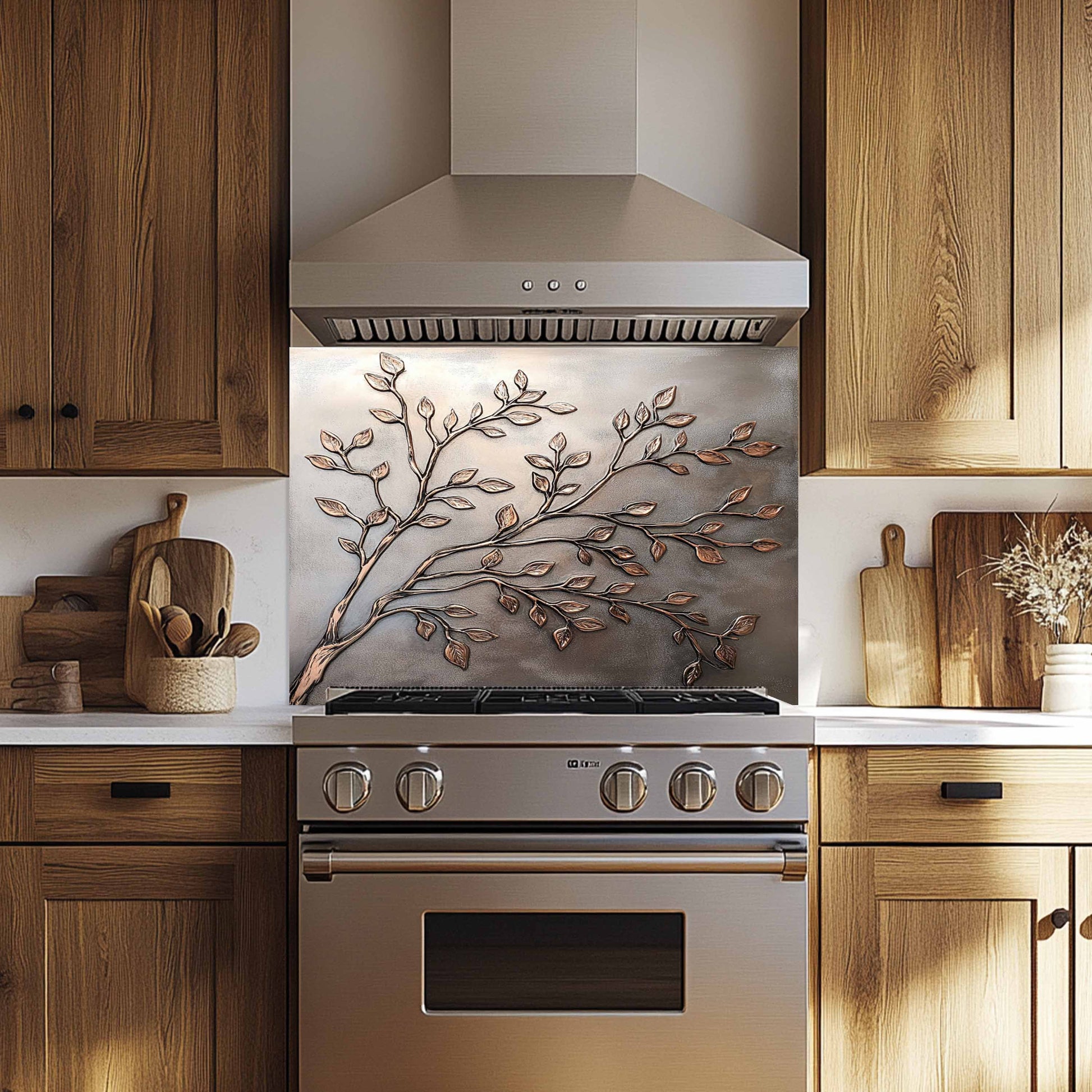 Stainless steel oven with decorative glass backsplash in a kitchen setting