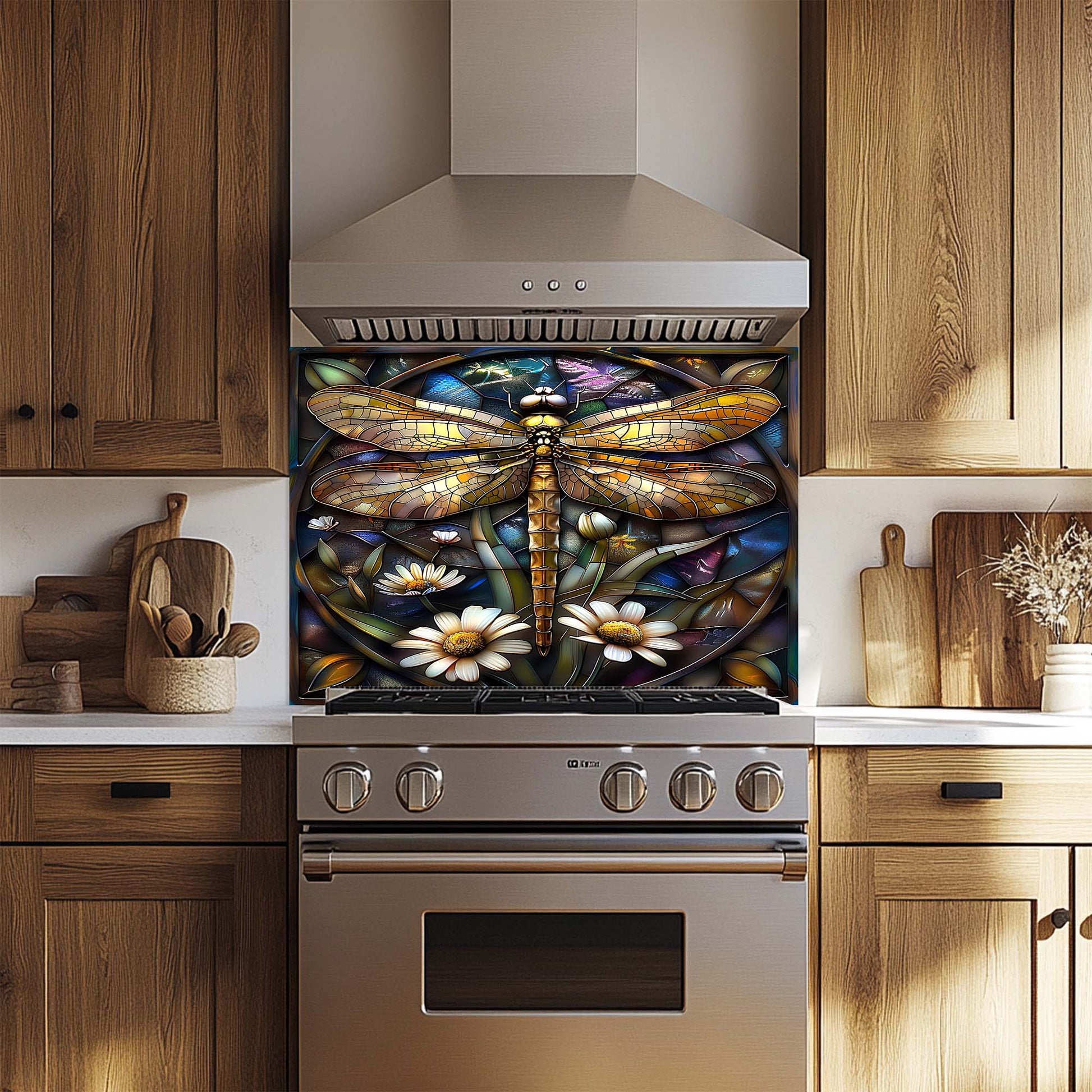 Stainless steel oven with a decorative glass backsplash featuring a dragonfly design in a kitchen setting.