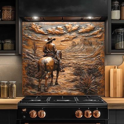 Decorative backsplash with a cowboy on horseback design above a black stove in a kitchen.