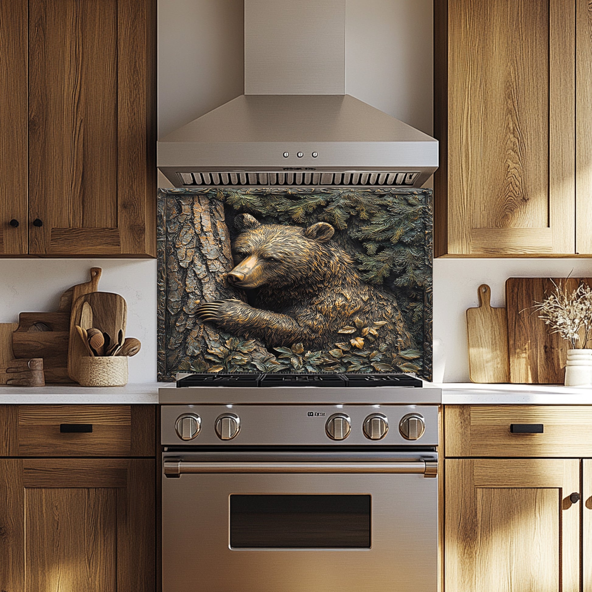 Bear tempered glass backsplash for rustic kitchen