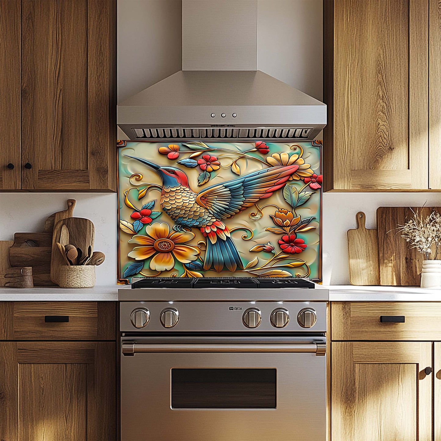 Decorative glass backsplash with a colorful bird and floral design above a stainless steel oven in a kitchen.