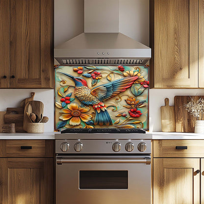 Decorative glass backsplash with a colorful bird and floral design above a stainless steel oven in a kitchen.