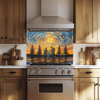 Decorative glass backsplash with a family by a lake on a kitchen stove