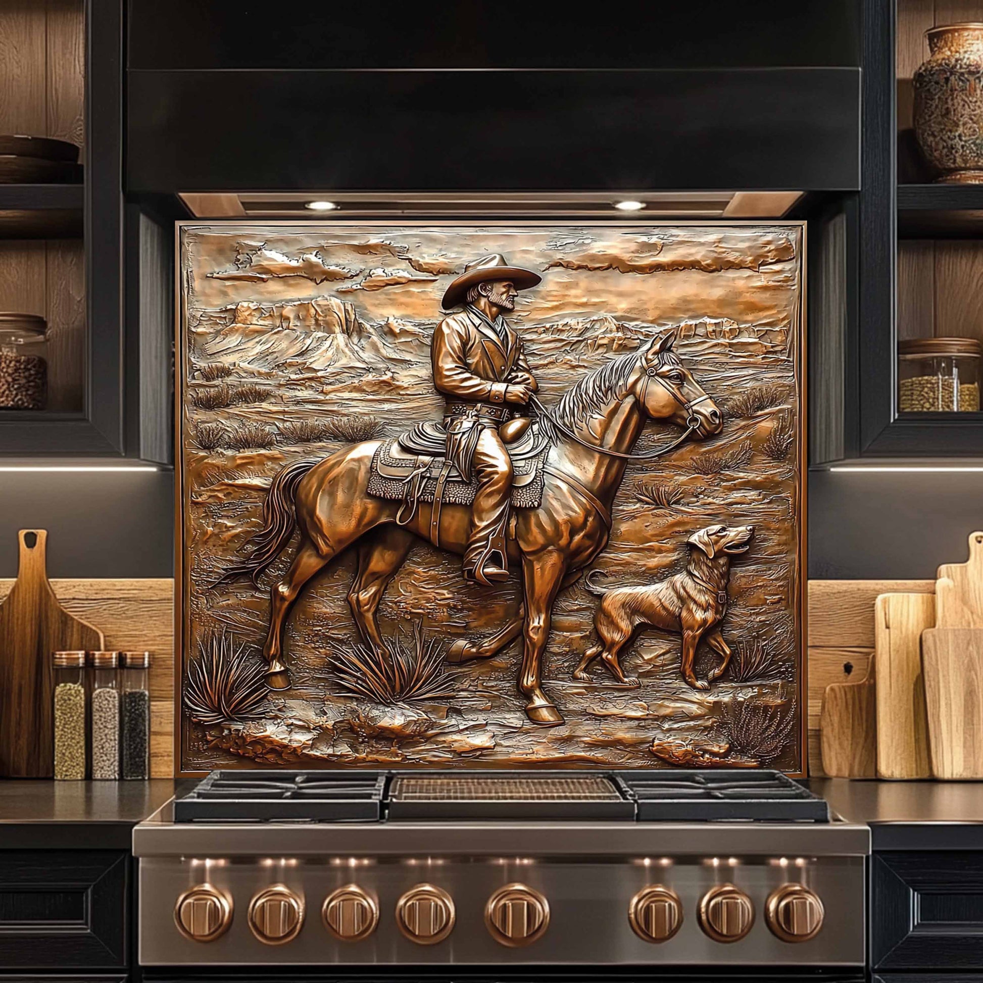 Decorative backsplash with a cowboy and horse design above a stove.