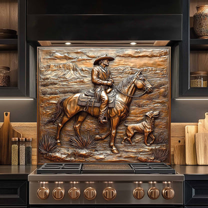 Decorative backsplash with a cowboy and horse design above a stove.