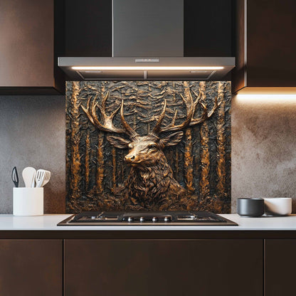 Kitchen with a decorative backsplash featuring a deer head design.