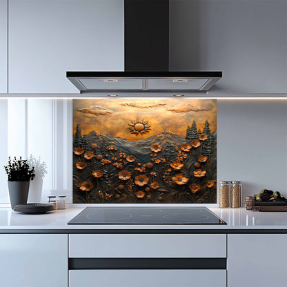 Kitchen with a decorative glass splashback featuring a sunset over mountains and flowers.