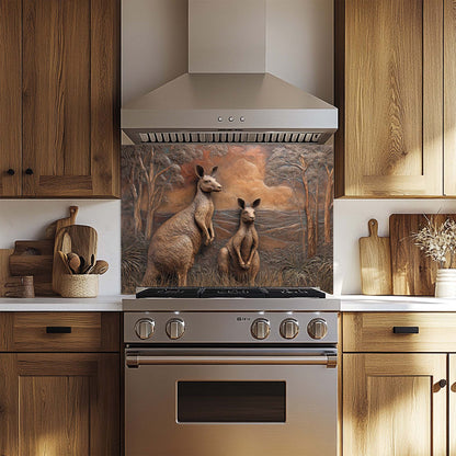 Kitchen with wooden cabinets and a decorative glass backsplash featuring kangaroos.