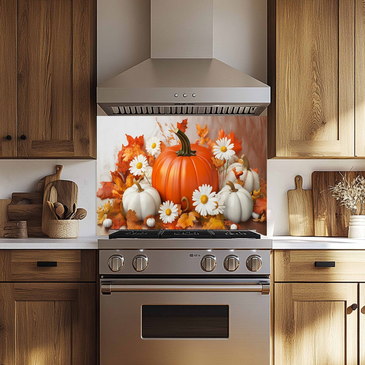 Decorative kitchen backsplash with pumpkins and autumn leaves in a kitchen setting.