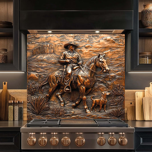 Stainless steel stove with decorative cowboy and horse backsplash