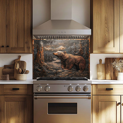 Kitchen with wooden cabinets and a decorative bear splashback above a stove.