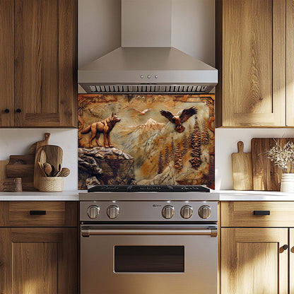 Kitchen with wooden cabinets, stainless steel stove, and decorative glass backsplash