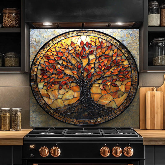 Stained glass tree of life backsplash in a kitchen setting