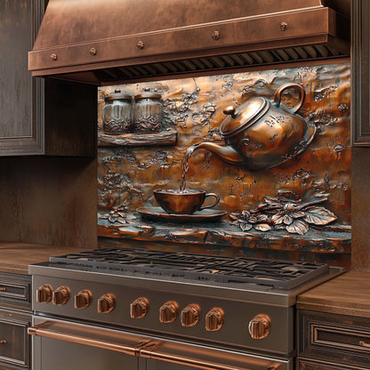 Stainless steel stove with copper accents and decorative backsplash featuring a teapot and cup scene.