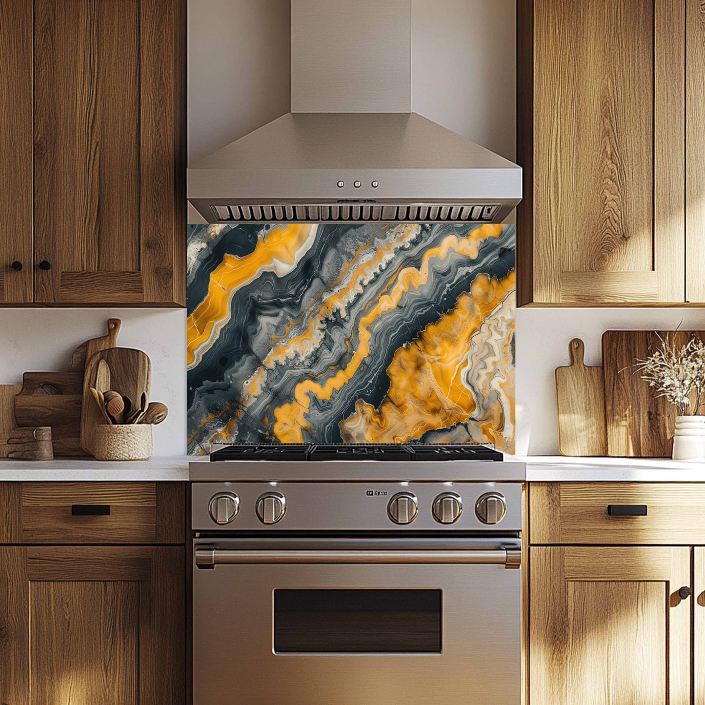 Modern kitchen with stainless steel oven and decorative backsplash