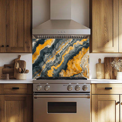 Modern kitchen with stainless steel oven and decorative backsplash