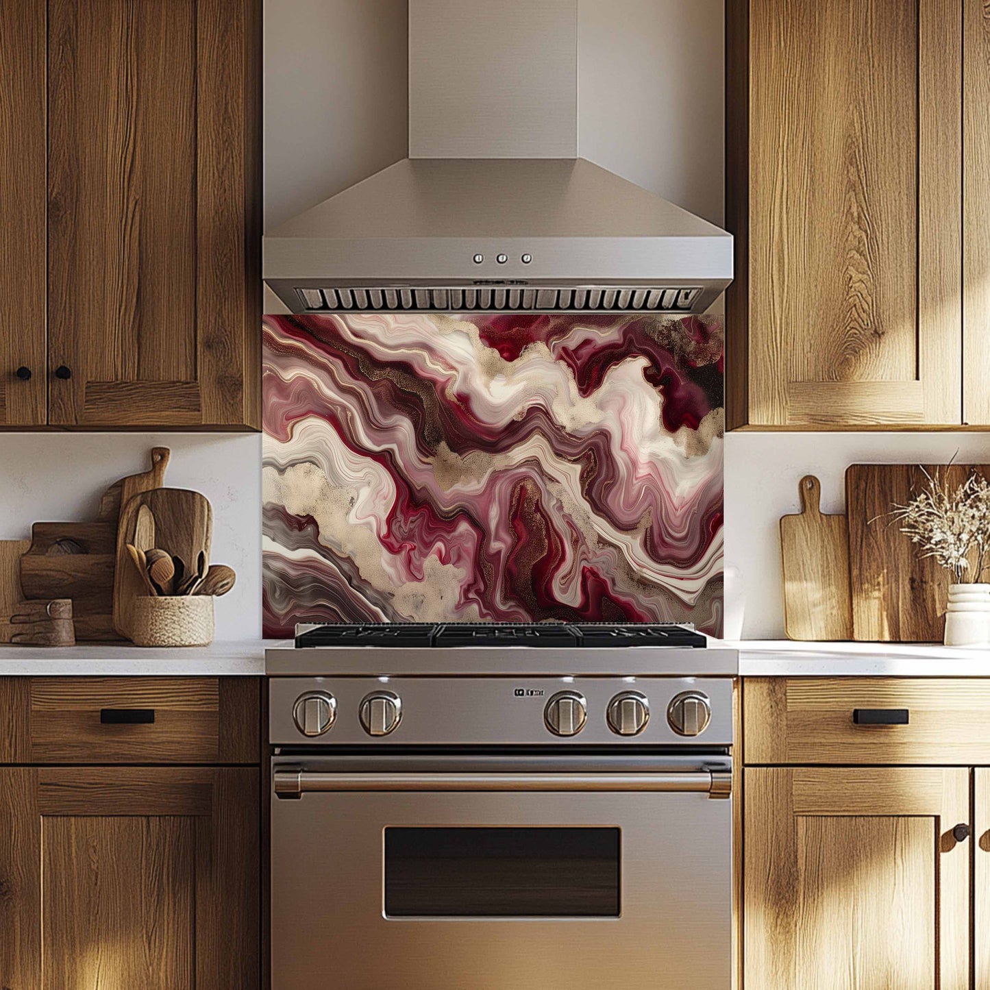 Stainless steel oven with marbled backsplash in a kitchen setting